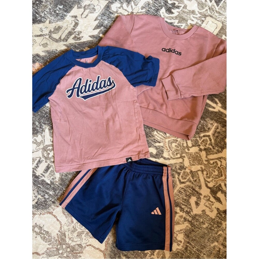 Adidas Kids Bundle Muted Pink & Blue Tee, Sweatshirt, and Shorts Set Size 5